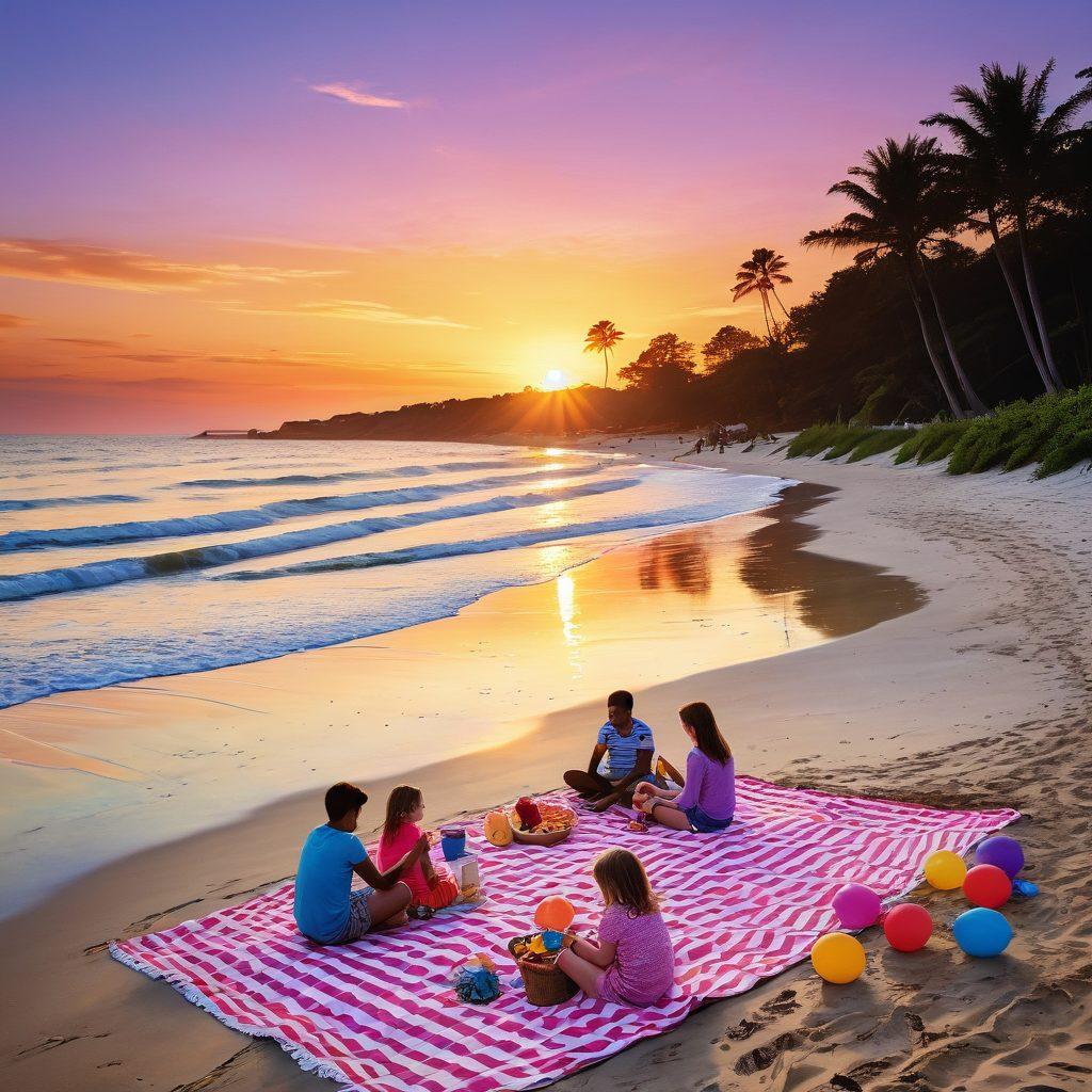 A serene beach scene showcasing golden sands and crystal clear waves under a vibrant sunset, with playful children building sandcastles and joyful adults relaxing with beach umbrellas. Include elements like colorful beach balls and a picnic setup on the sand. Emphasize a sense of tranquility and happiness. vibrant colors. painting.