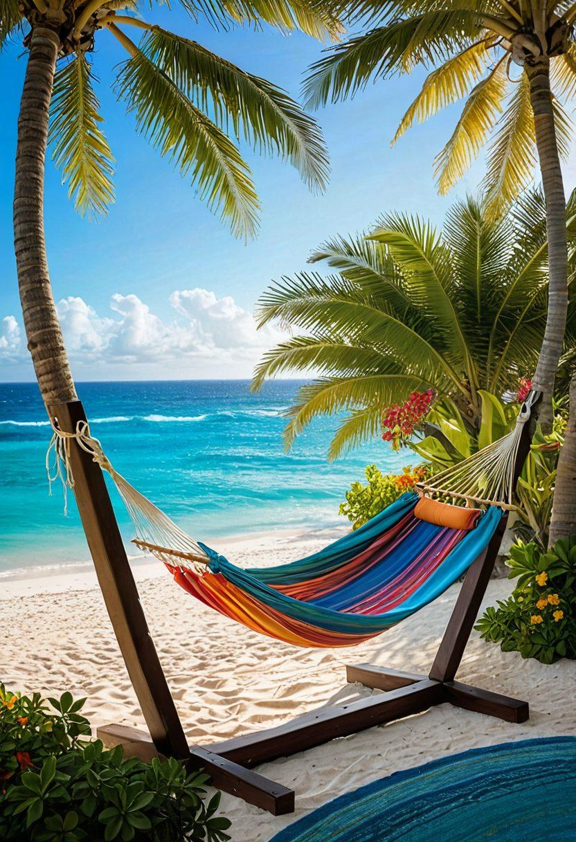 A serene beachside retreat featuring a cozy hammock draped between two palm trees, vibrant tropical flowers surrounding the area, and a clear turquoise ocean in the background. Sunlight gently setting on the horizon creates a warm, blissful glow, inviting relaxation and joy. Soft waves lapping against the shore enhance the tranquil atmosphere. super-realistic. vibrant colors. 3D.