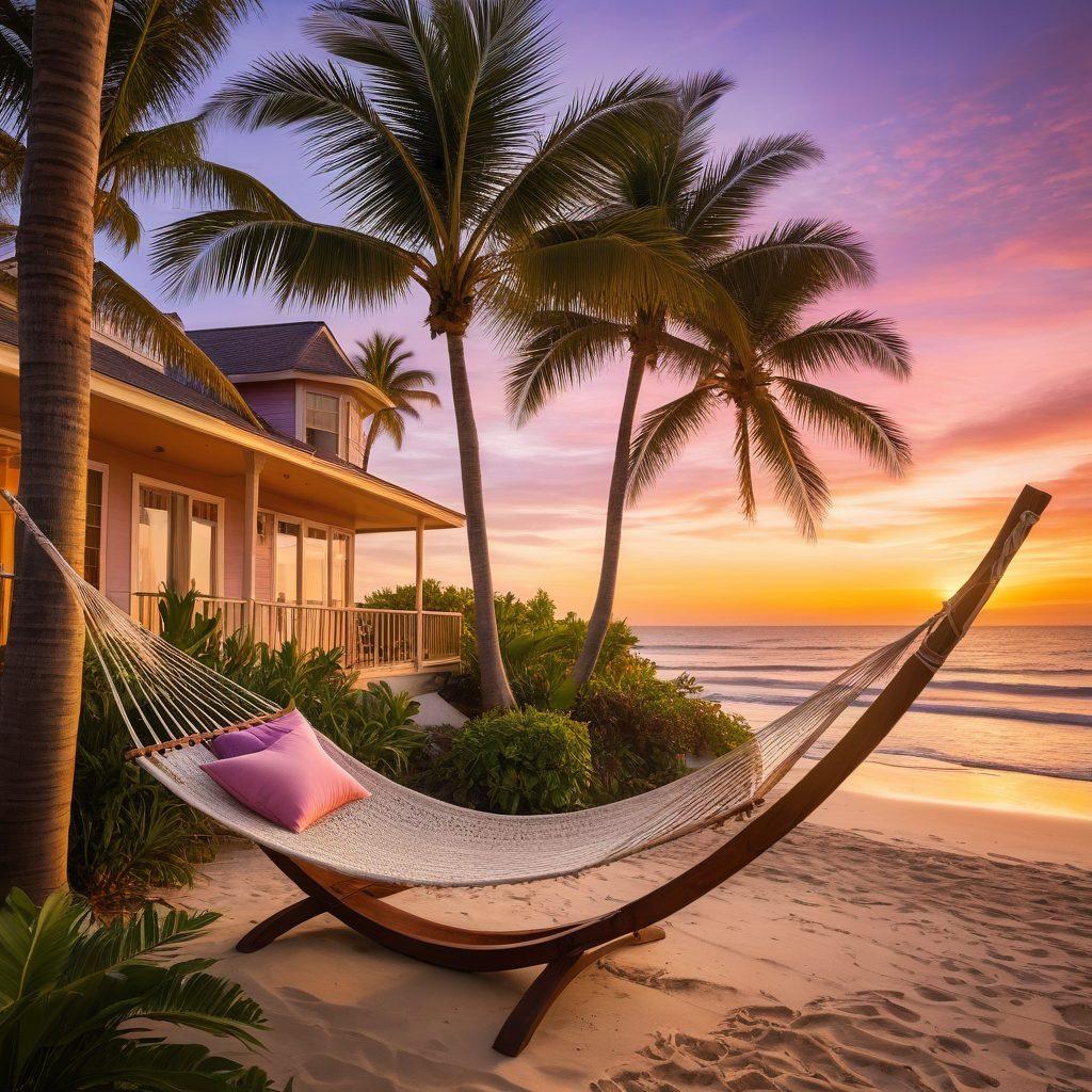 A tranquil beach scene with a cozy, inviting vacation home overlooking the ocean, surrounded by lush tropical plants and soft, golden sand. Gentle waves lap at the shore while a colorful sunset paints the sky in hues of orange, pink, and purple, inviting peace and relaxation. Include a hammock swaying between two palm trees and subtle details like seashells and beach chairs to enhance the serenity. super-realistic. vibrant colors. serene atmosphere.